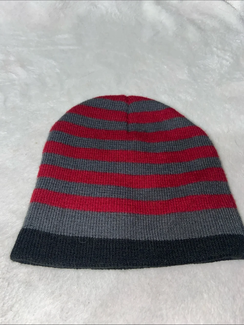 Striped Knit Beanie Hat in Red & Gray
